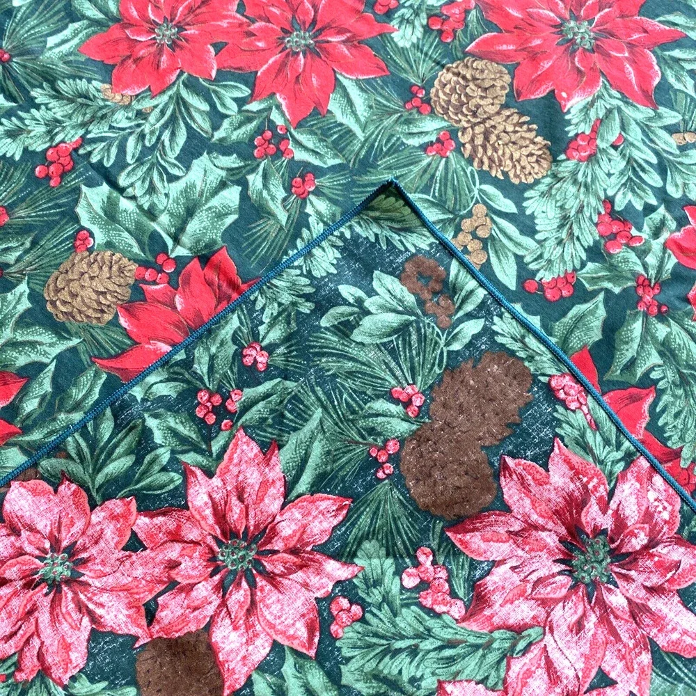 Vintage Christmas tablecloth red green brown poinsettias holly leaves pinecones